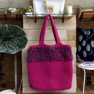 Hand-knit Hand Felted Wool " Fur "Trimmed Lilac Purple Designer Tote Bag Purse
